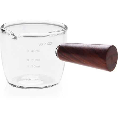 Espresso Shot Glass, Measuring Cup with Wooden Handle, Milk Cup, Double Spout, Graduated, Thickened Heat-Resistant Glass, Sake Glass, Wine Glass, for