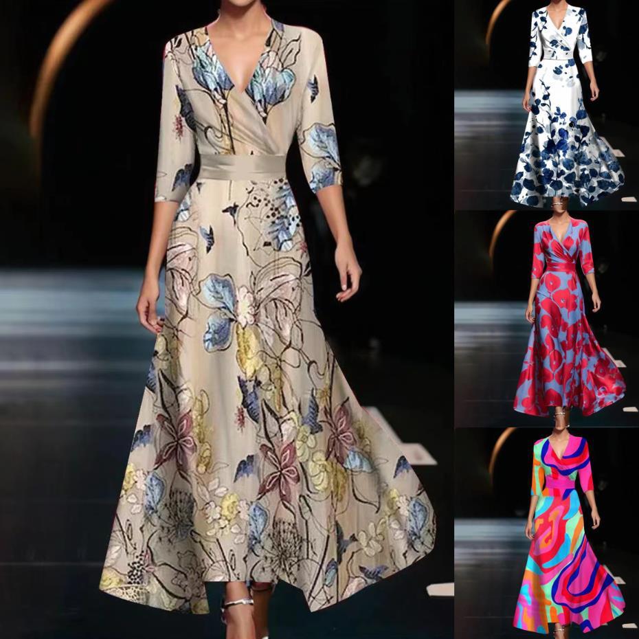 Summer Polyester 3d Effect Print Vneck Midi Dress For Office Chic Women
