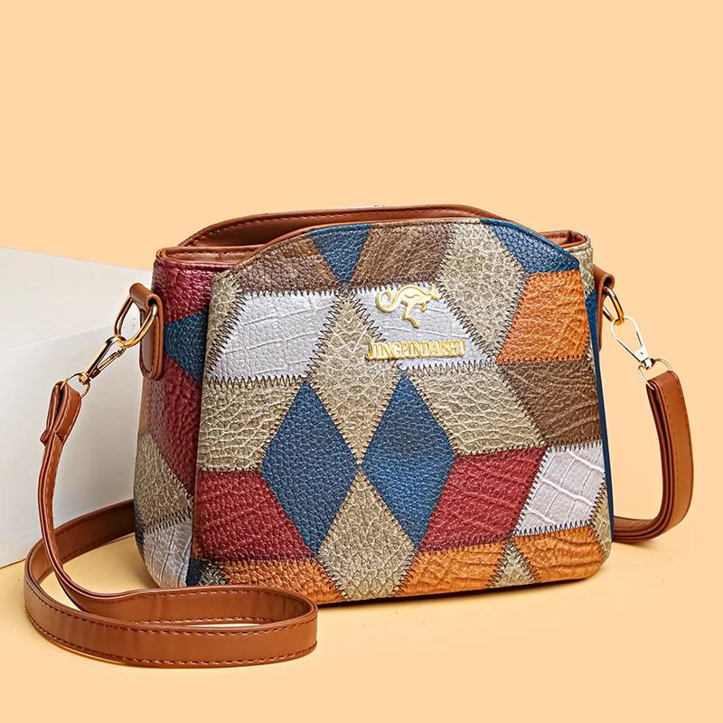 Vintage PU Leather Shoulder Bags for Women Splicing Crossbody Messenger Bag Feminine Bag