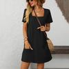 Women Mini Dress Square Collar Short Sleeve A-Line Knee-Length Casual Solid Color Summer Dress Daily Wear