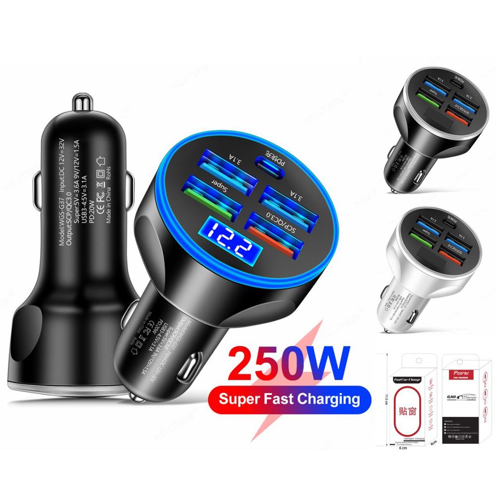 4USB PD 250W Автомобильный адаптер для мобильного телефона Type C для быстрой зарядки прикуривателя 5 в 1 для iPhone Samsung Huawei Xiaomi