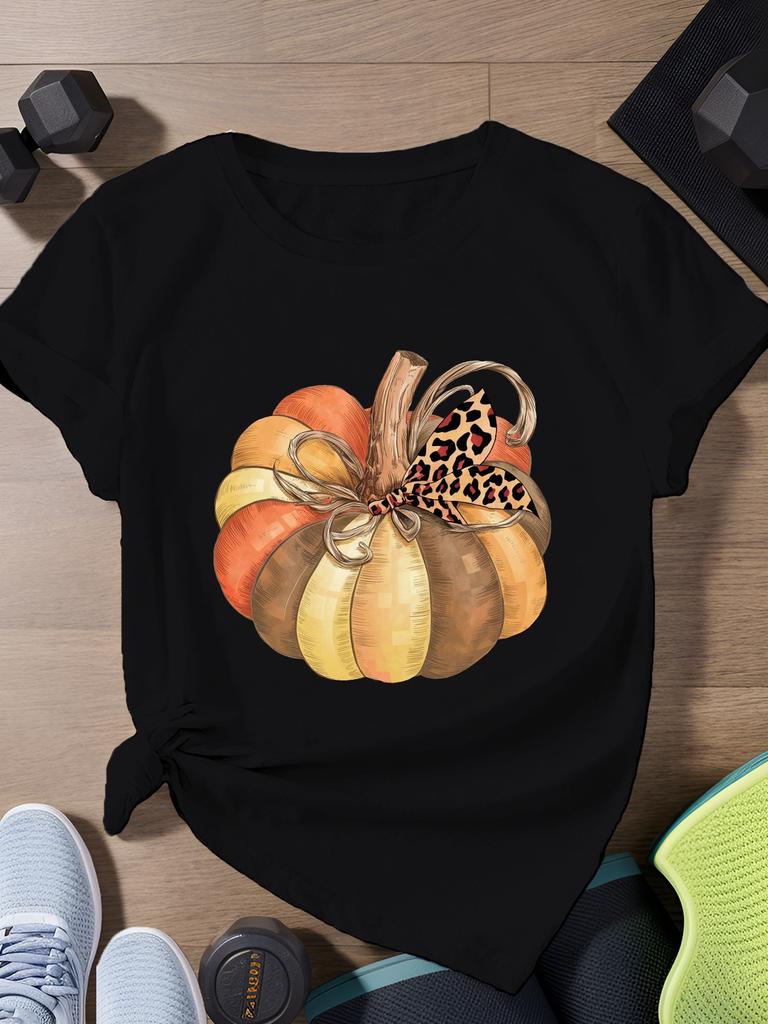 Leopard Print Bow Pumpkin Illustration Harajuku Short Sleeve Casual Womens Tshirt Clothing Street Tops Tees Aesthetic Clothes
