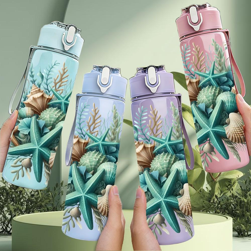 1PC Seashell Coral Ocean Collection 750ml Color Plastic Sports Water Bottle Leakproof Flip Straw Lid Suitable for Sports Office Home Use