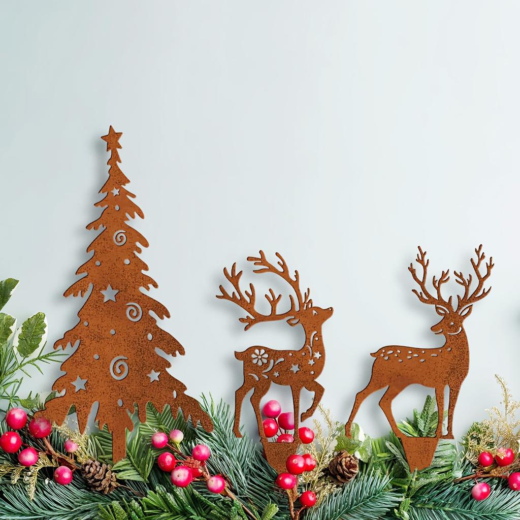 3-Piece Wrought Iron Christmas Tree and Deer Garden Decoration Stakes, Christmas Garden Decoration, Outdoor Courtyard Christmas Dec