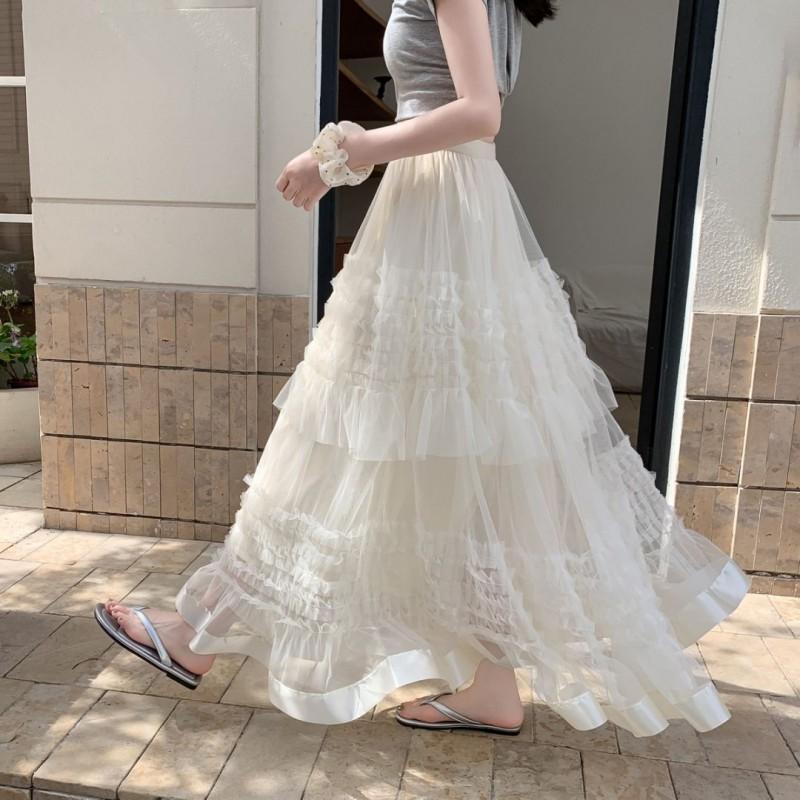 Womens High Waist A-Line Mesh Cake Skirt Slim Fit Sweet Fresh Style Mid-Length