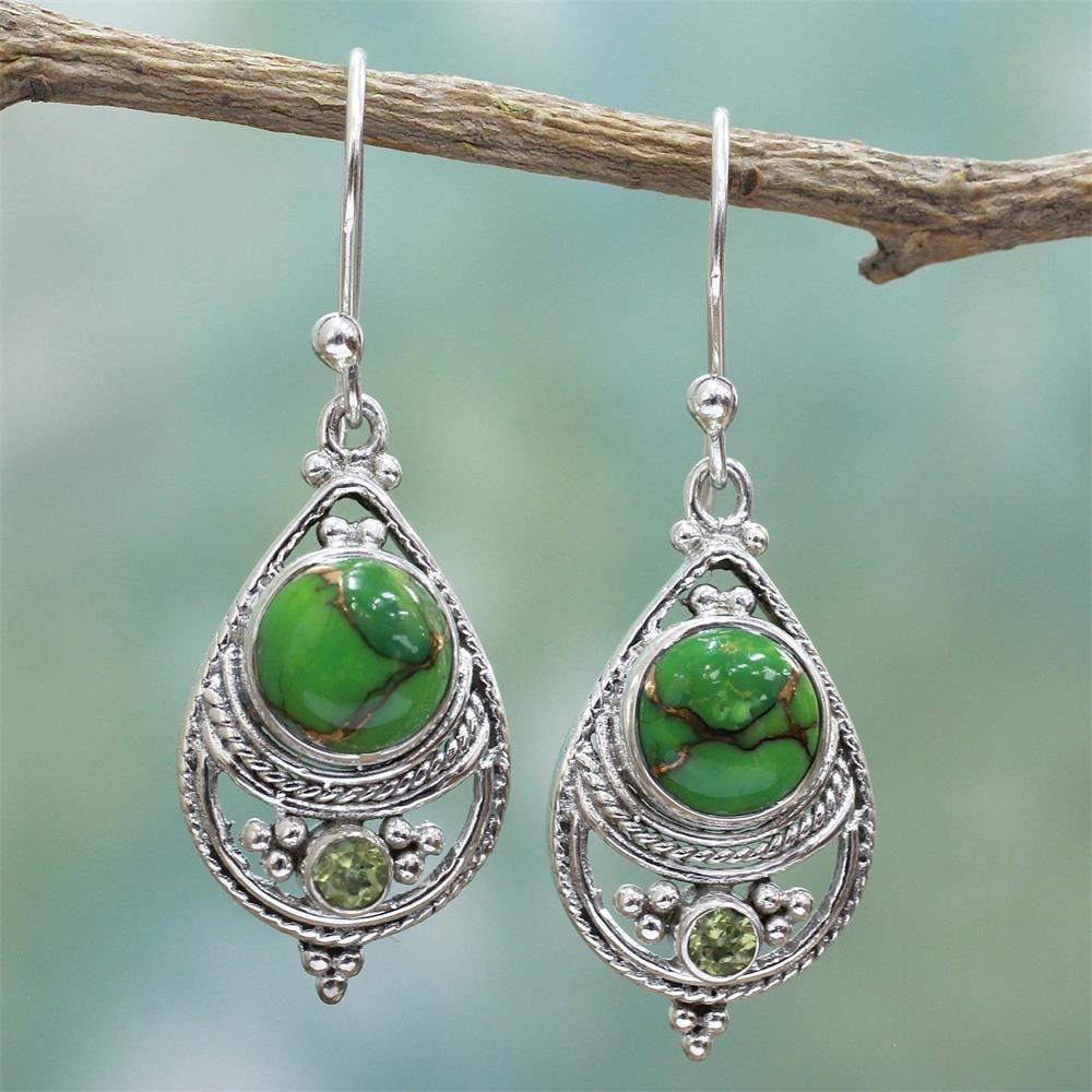 Vintage Dangle Boho Natural Gemstone Turquoise Earrings 925 Silver Hook