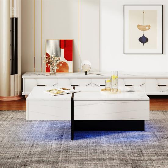 Home High-Gloss Coffee Table Marble Panel with 3 Drawers App Control Colorful Side Light Strip Rectangle Shape LED Tea Furniture