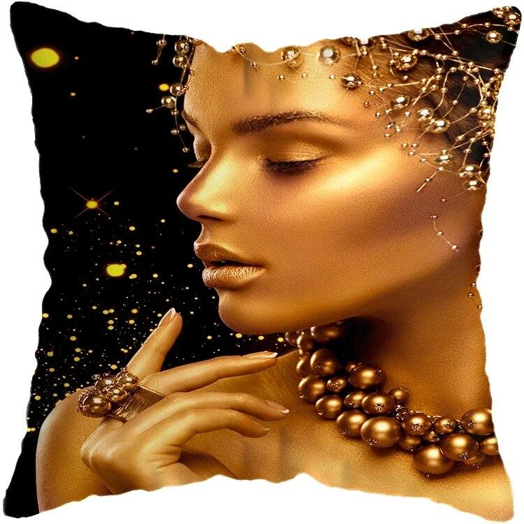 Наволочка для спальни, черно-золотая африканская женская подушка для гостиной, декоративная подушка