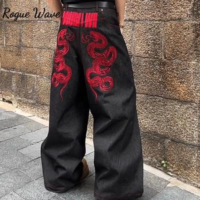 RogueWave Американский Красный Вышитые Джинсы Ретро Широкие Брюки в Пол Большой Размер Тяжелый Индустриальный Дизайн Сенсорная Уличная Одежда