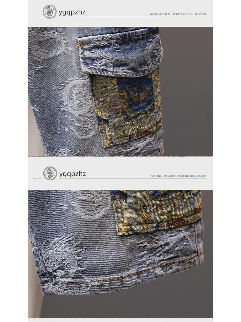 2024 Мужские модные свободные прямые джинсовые шорты: Молодежные бриджи средней длины