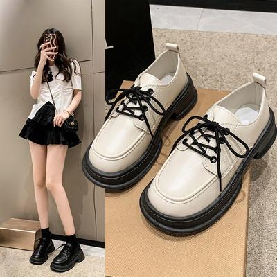 Модные женские весенние и осенние туфли на толстой подошве из кожи. Повседневная обувь в британском стиле. Модные и универсальные.