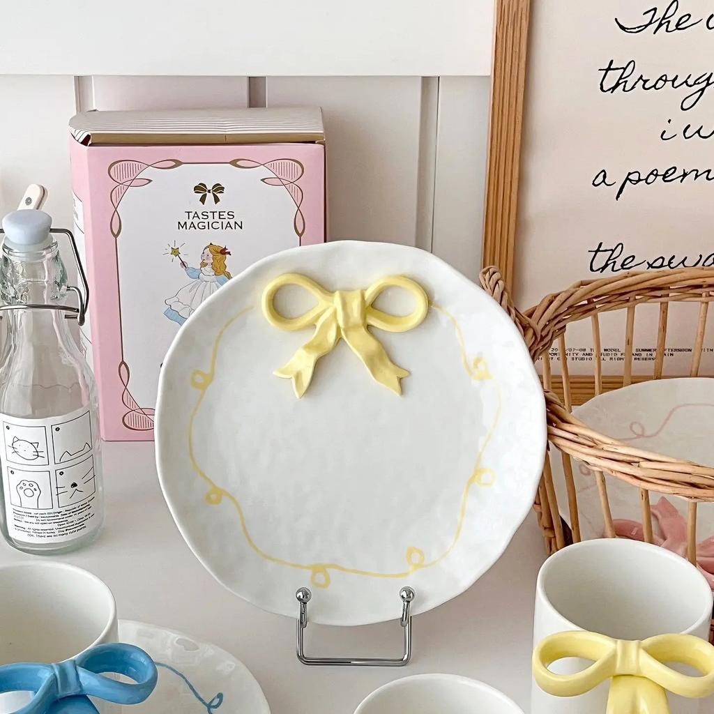 Симпатичная тарелка с 3D-бантом и кофейная кружка, расписанная вручную, керамическая тарелка, украшение для гостиной, спальни, обеденного стола, тарелка для фруктового салата