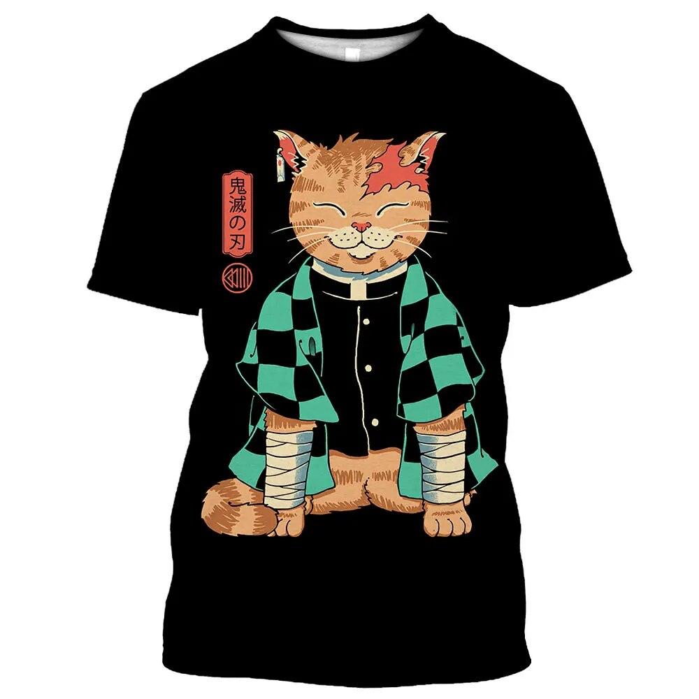 Модная мужская футболка с 3D принтом из мультфильма аниме, японский самурайский кот, с круглым вырезом и коротким рукавом, топ Harajuku, повседневная рубашка для мужчин, футболка большого размера