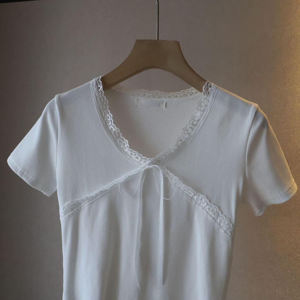 Маленький топ с короткими рукавами и бантом, приталенного силуэта - 2025 корейский стиль, летняя женская мода