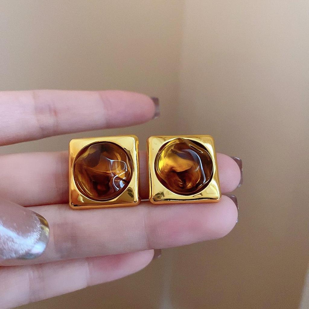 Серьги-пусеты неправильной формы коричневого цвета 'Серебряная игла' - Французская легкая роскошь, ретро, нишевые, высококлассные украшения для женщин.