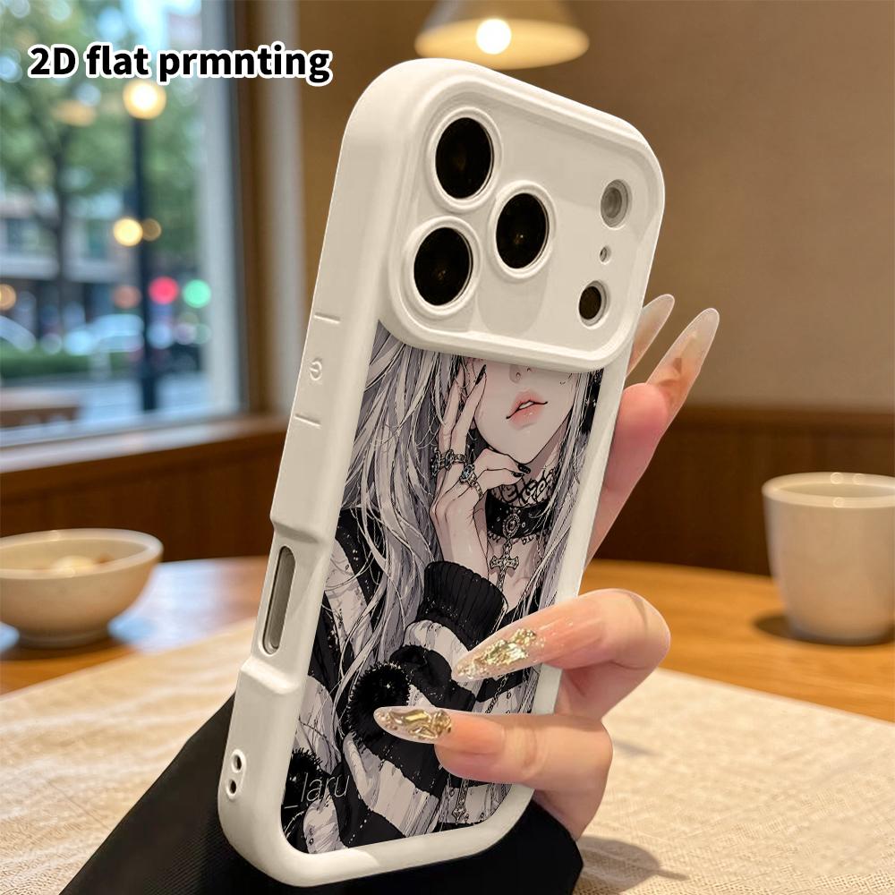 Phone Case: 2D flat, fits iPhone 18, 17, 16, 15, 14, 13, 12Pro protective case, silver long straight hair, perfect Christmas and Halloween holiday gif