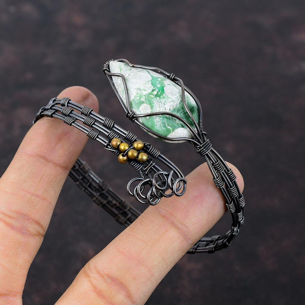 Варисцитовый браслет-манжета, обмотанный медной проволокой, браслет-манжета с драгоценным камнем, украшения ручной работы из варисцита для подарка, регулируемый браслет-манжета, украшения, обмотанные медной проволокой