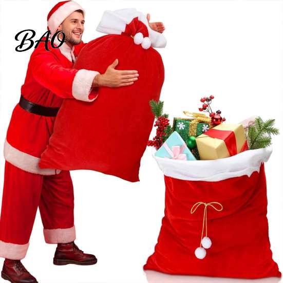 Holiday Party Gift Bags Christmas Velvet Santa Bags, Large Red Soft Fabric Present Sack Gold Wraps with Drawstring Closure, Reusable Claus Bag