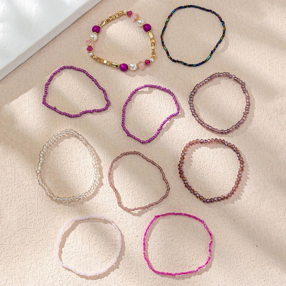 10Pcs/Set Colorful Bohemian Beads Bracelets Stackable Pearl Beaded Multilayer Bracelets Hand Jewelry Shiny Bangle Set Women