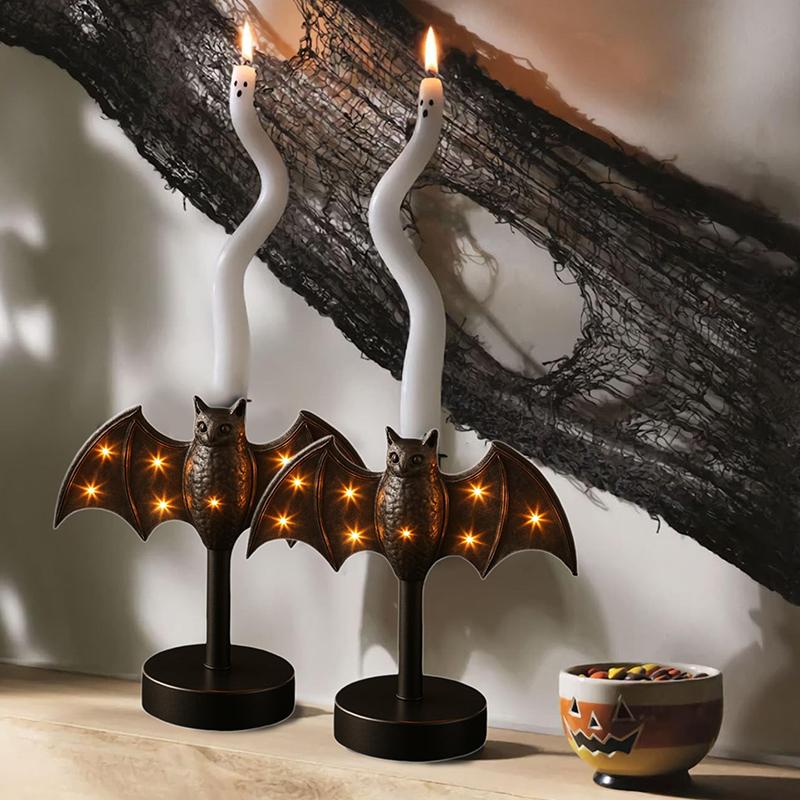 Large Twinkle Bat Candlestick Mystery Gothic Candle Holder Led Twinkle Light Candelabra For Mantel Halloween Decor Party Home