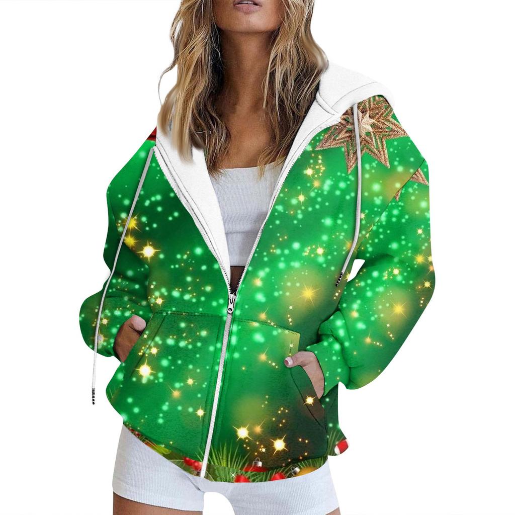 Женская мода повседневная рождественская печатная толстовка осень и зима длинный рукав с карманом кардиган куртка куртка с капюшоном пальто