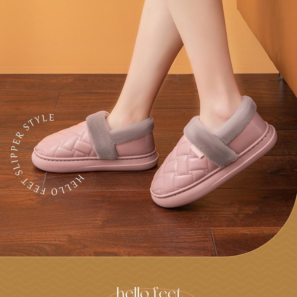Waterproof Leather-Cotton Slippers, Non-Slip Closed Heel for Indoors