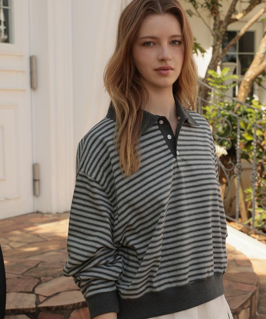 DEHEVE Collar Stripe Sweatshirt [Gray]