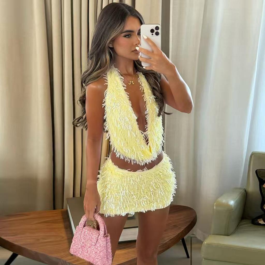 Европейский и американский сексуальный комплект с халтером, V-образным вырезом и облегающей короткой юбкой для женщин