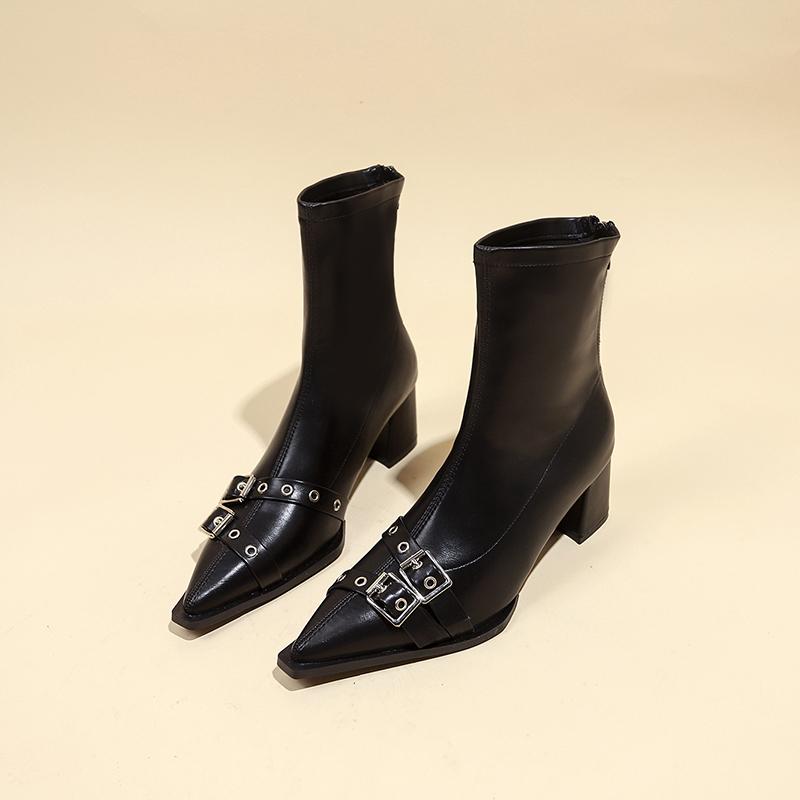 Модные ботильоны на устойчивом каблуке, женские модные ботильоны с острым носком, молнией сзади, заклепками, металлической пряжкой на ремне, нескользящие, на высоком каблуке, короткие ботильоны