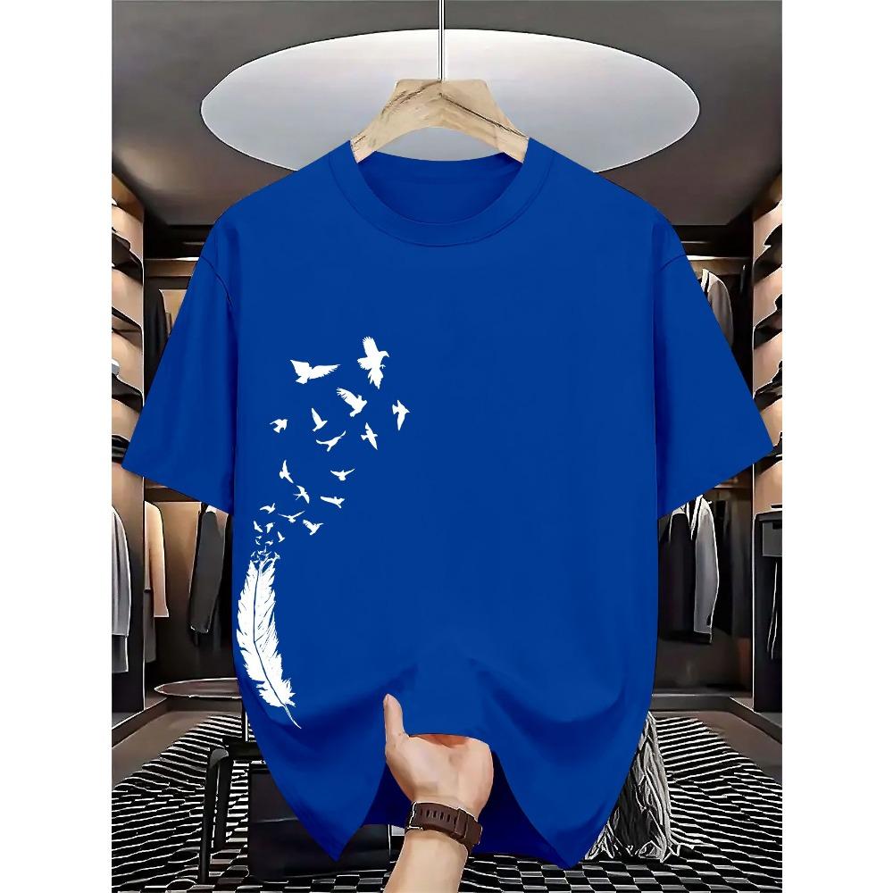 Men's 100% pure cotton summer casual loose fashion bird creative pattern printed round neck T-shirt versatile top
