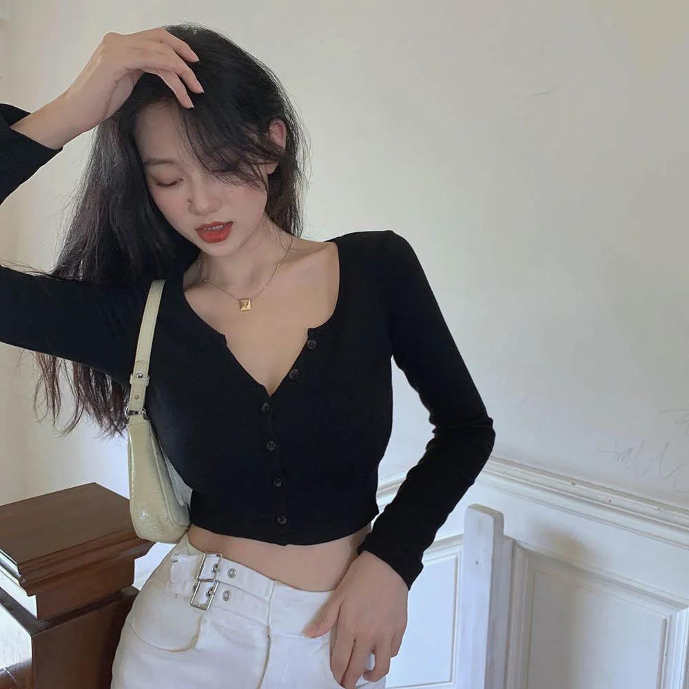 Черный обтягивающий тонкий сексуальный спортивный кардиган с длинным рукавом, весенний женский дышащий топ с v-образным воротником для бега