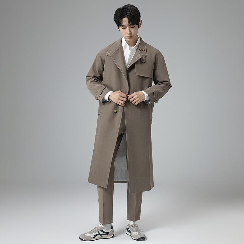Men's Single Breasted Long Trench Coat Windproof Classic Lapel Overcoat with Belt