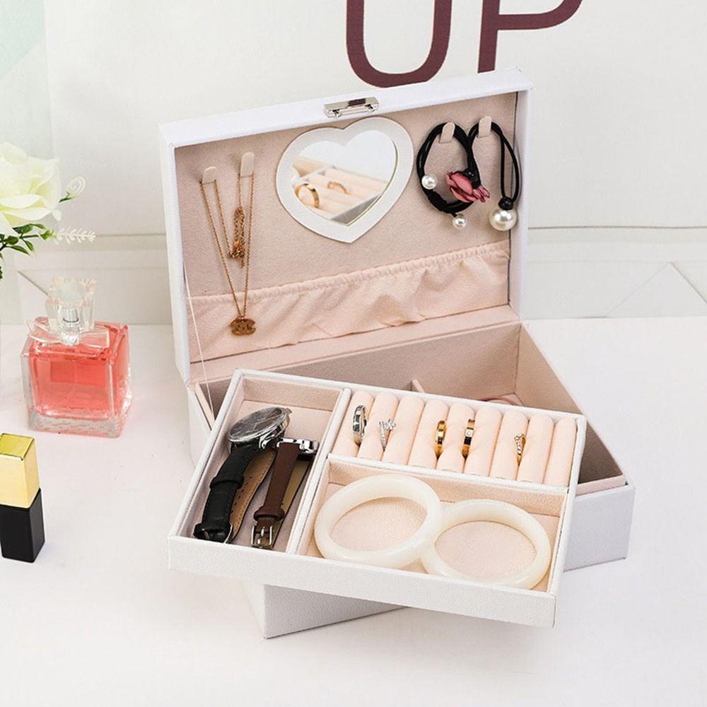 Large Capacity Double Layer Jewelry Box PU Jewelry Display Case Practical Cosmetics Box Rings