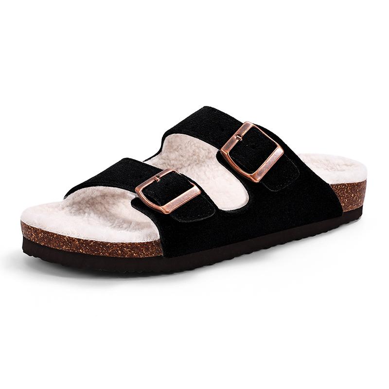 Fashion Litfun New Women's Winter Slippers Thick Sole Cork Footed Ladies Slides Fur Lining Warm Sandals With Adjustable Double Buckle