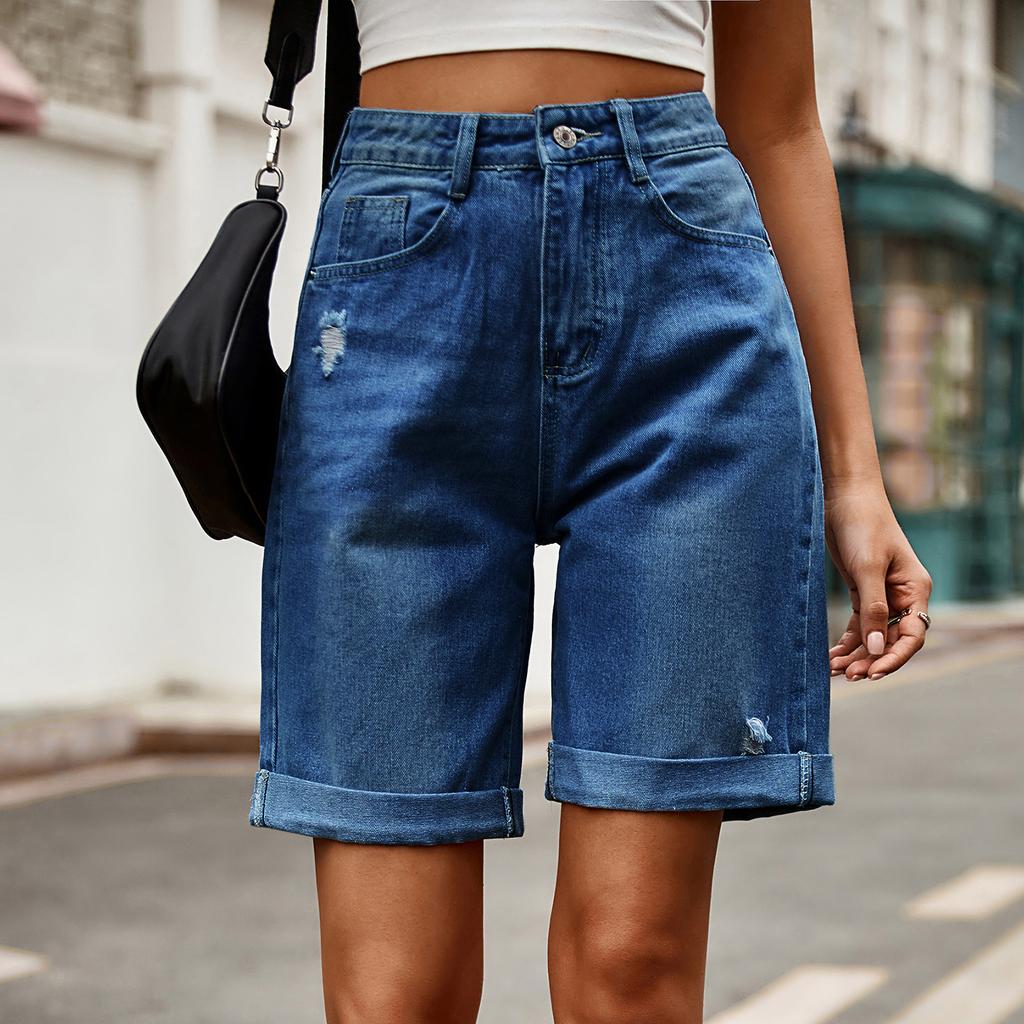 Summer Women's Denim Shorts Ripped Crimped Five-point Denim Shorts Casual Pants