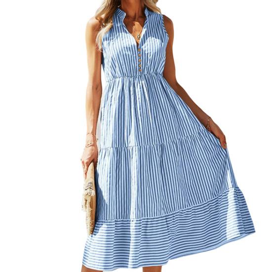 Женское летнее платье в полоску с принтом, эластичной талией, без рукавов, с большой пуговицей, повседневная одежда, контрастный цвет, V-образный вырез