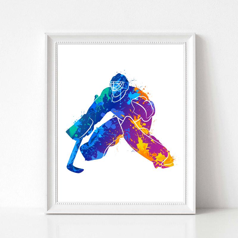 Hockey Player Poster Splash Watercolor Prints Winter Sport Wall Art Canvas Painting Hockey Goalie Illustration Room Hom No Frame