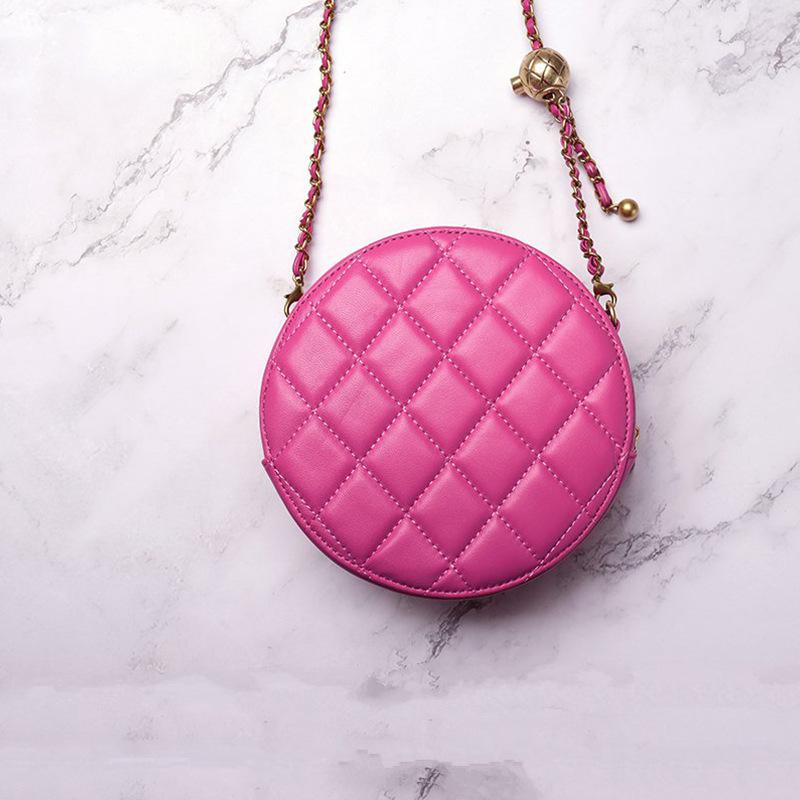 Spring new sheepskin small round cake bag, genuine leather small fragrant wind rhombus shoulder messenger bag, women's lipstick bag, women's bag