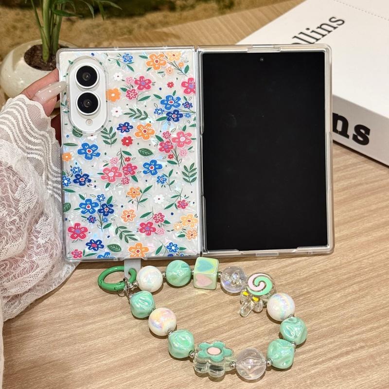 Korean Color Flower Cute Phone Case For Samsung Galaxy Z Fold 8 Ultra 7 6 5 Z Fold7 Fold6 Cover with Chain Kawaii Floral Cases