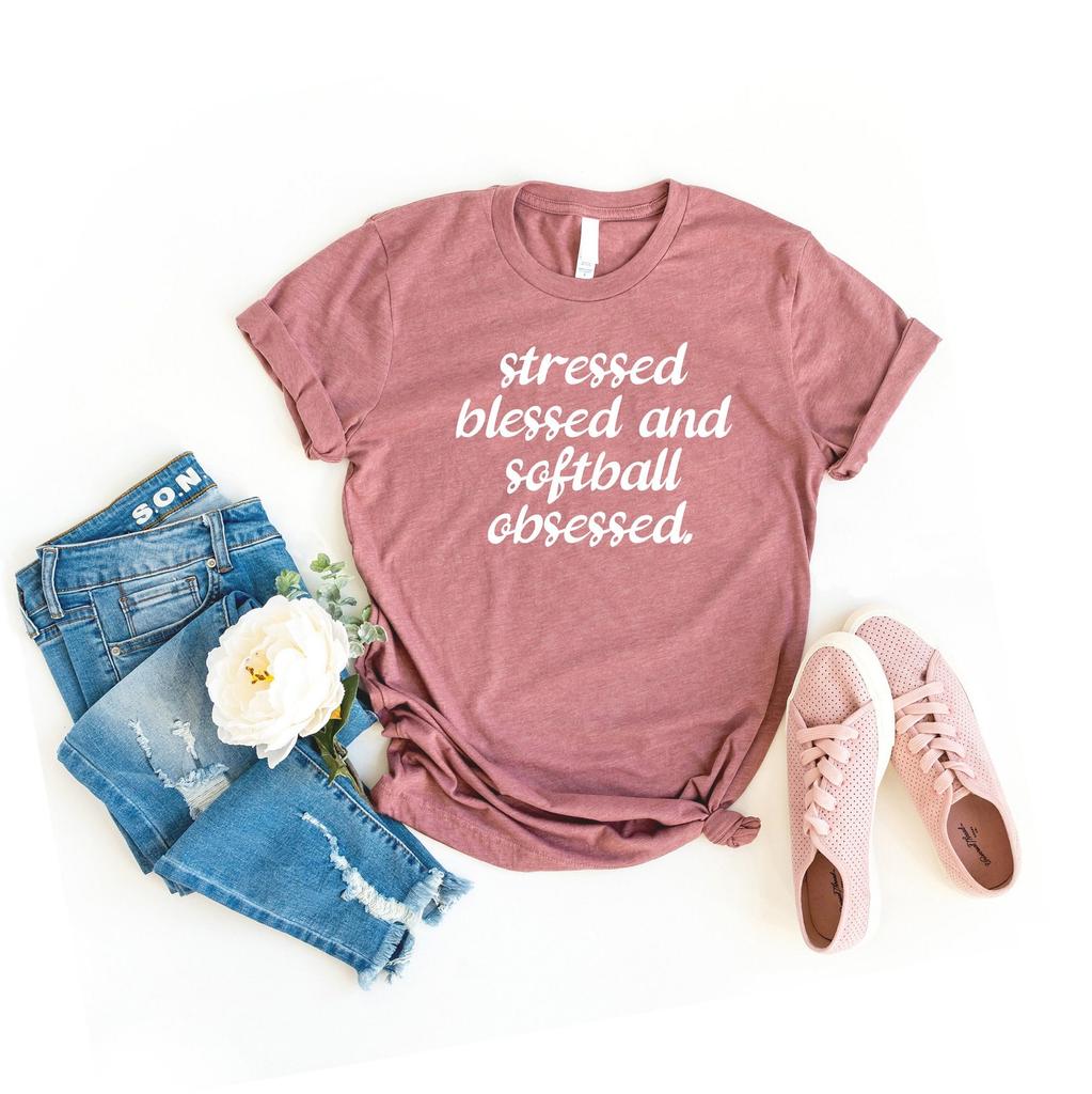 Stressed blessed and softball obsessed cute softball shirts, funny baseball softball mom shirts, women's softball shirt, team gifts