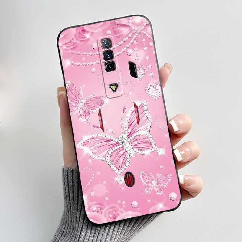 Pattern Case For ZTE Nubia RedMagic 7 5G Funda For Nubia RedMagic 7S 5G Soft Silicone Black Shell Cute Flower Cartoon Capa Cover