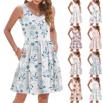 Женская летняя модная повседневная V-образная плиссированная сшивная маленькая цветочная печать без рукавов жилетное платье с карманами