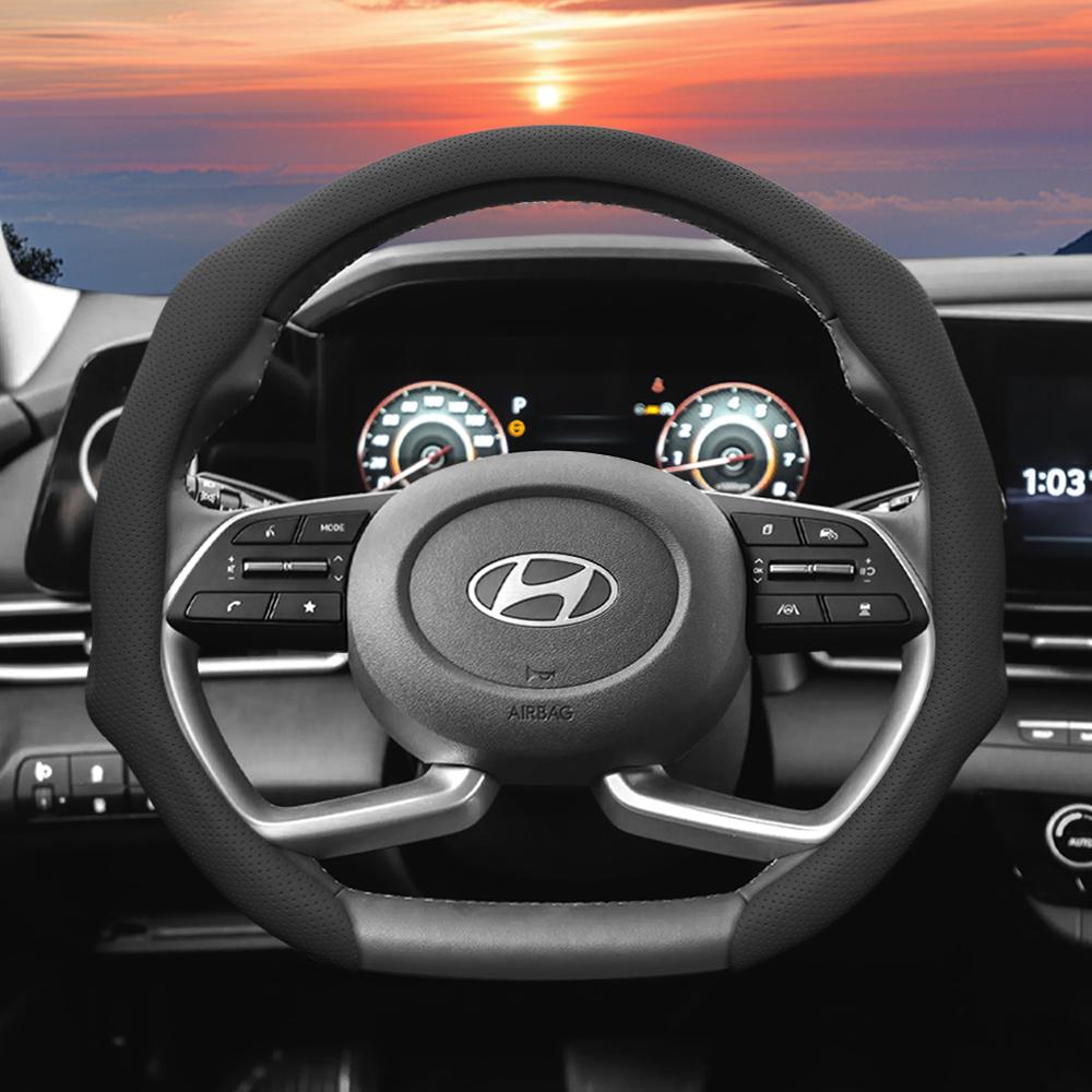 Подходит для Hyundai, Кожаная перфорированная накладка на рулевое колесо, Нескользящая, Впитывающая пот, Дышащая, Интегрированный защитный чехол Elantra N Sonata Ioniq
