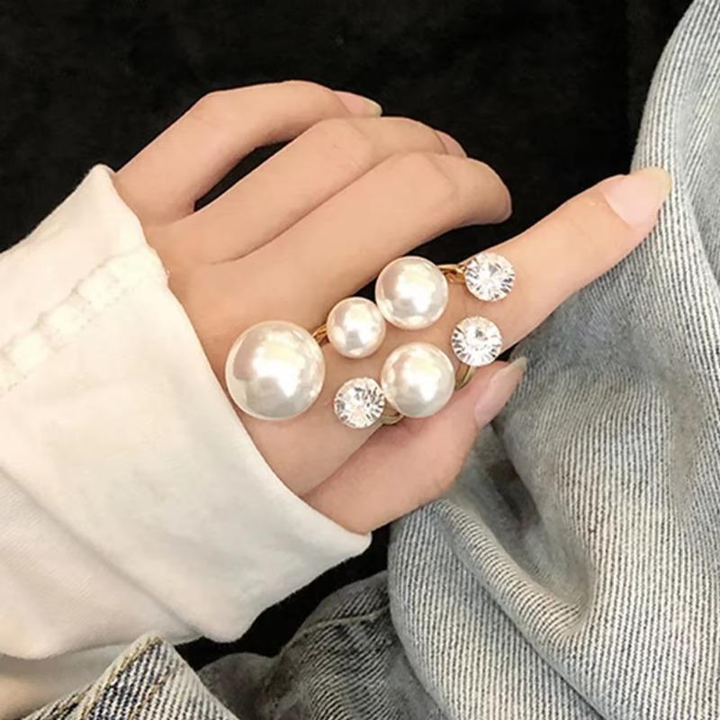 Creative Exaggerated Double-layer Pearl Ring Niche Design Irregular Diamond Inlaid Open Ring Women's Fashionable Jewelry Gift