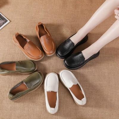 Туфли женские повседневные из натуральной кожи с круглым носком и плоским каблуком, однотонные, туфли для мамы, нескользящая износостойкая мягкая подошва, удобные