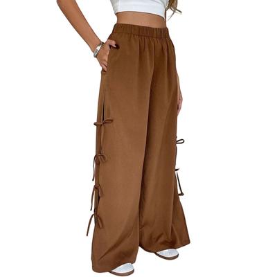 Женские летние повседневные длинные брюки однотонные с эластичной талией и широкими штанинами