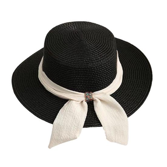 Straw Hat Lightweight Breathable Flat Top Wide Brim Sun Protection Hat Metal Buckle Ribbon Decorated Hat Summer Beach Hat