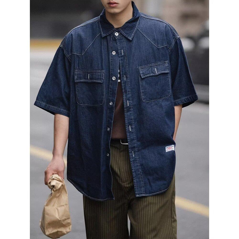 Японский ретро модный бренд летняя свободная джинсовая рубашка с короткими рукавами художественная молодежная рабочая рубашка мужская и женская многослойная куртка