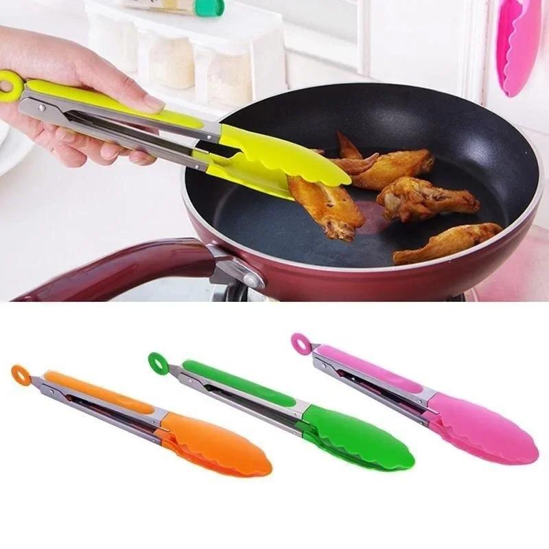 Stainless Steel Kitchen Tongs Silicone Handle BBQ Tong Non-Slip Food Tong Utensil Cooking Clip Clamp Salad Serving Baking Tool