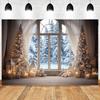 Winter Christmas Rustic Photography Backdrop 10x8FT Xmas Tree Snow Background Banner Festival Party Window Banner Backdrop